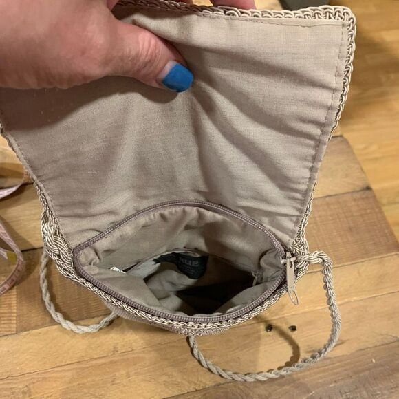 La Rue C/B Embroidered Crocheted Mini-Purse&Coin Purse Beige Purple 7-1/2x6-1/4” - Picture 5 of 11